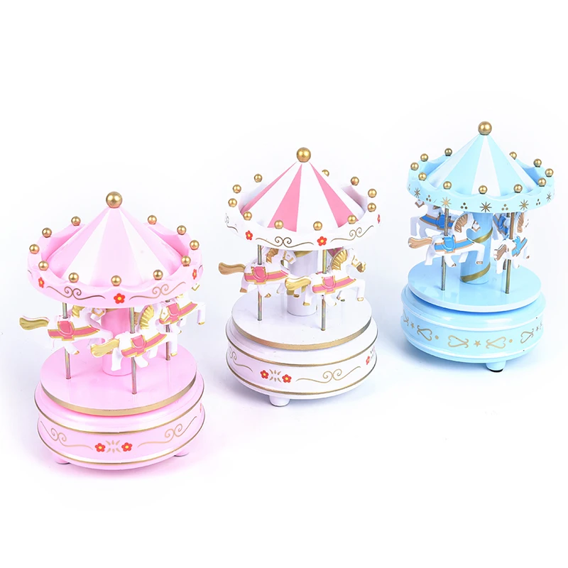 1PC Pink Color Wooden Merry-Go-Round Carousel Music Box Kids Toys Gift Wind-Up Musical