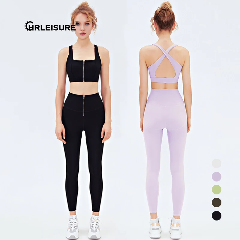 

CHRLEISURE Zipper Yoga Set Seamless Sports Set Women Gym Workout Suit Zipper Bra Crop Top High Waist Leggings Fitness Sportswear