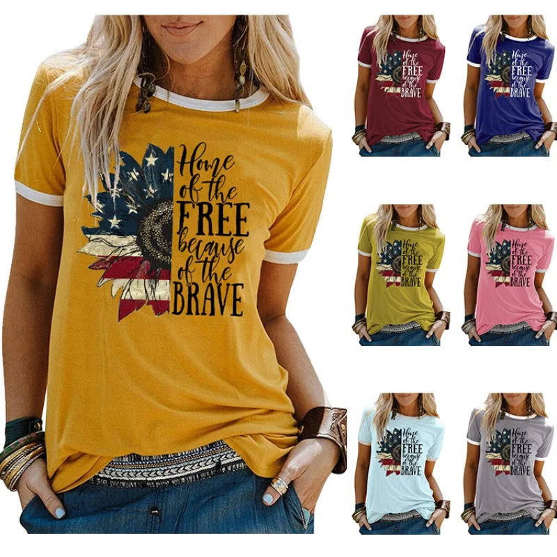 

Casual round neck women's T-shirt collision color edge HOME OT THE FREE Sunflower Independence Day letter print short sleeve