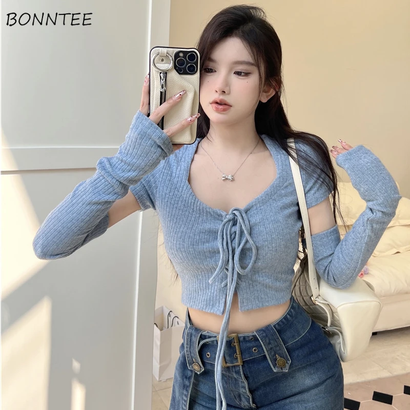 

Pullovers Women Summer Clothing Knitting Solid All-match Lace-up Popular Street Wear All-match Slim Leisure Fashion Young Ladies