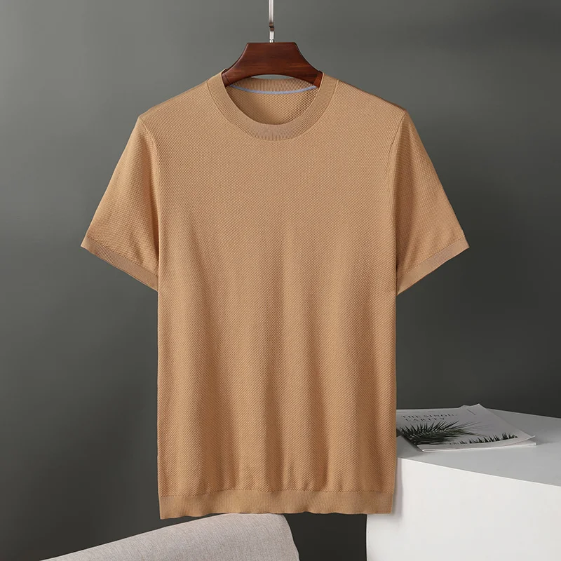 

2023 New Summer Mulberry Silk Blended Short-Sleeved T-shirt Men's Trendy Fashionable Knitted round Neck Men's Thin T-shirt