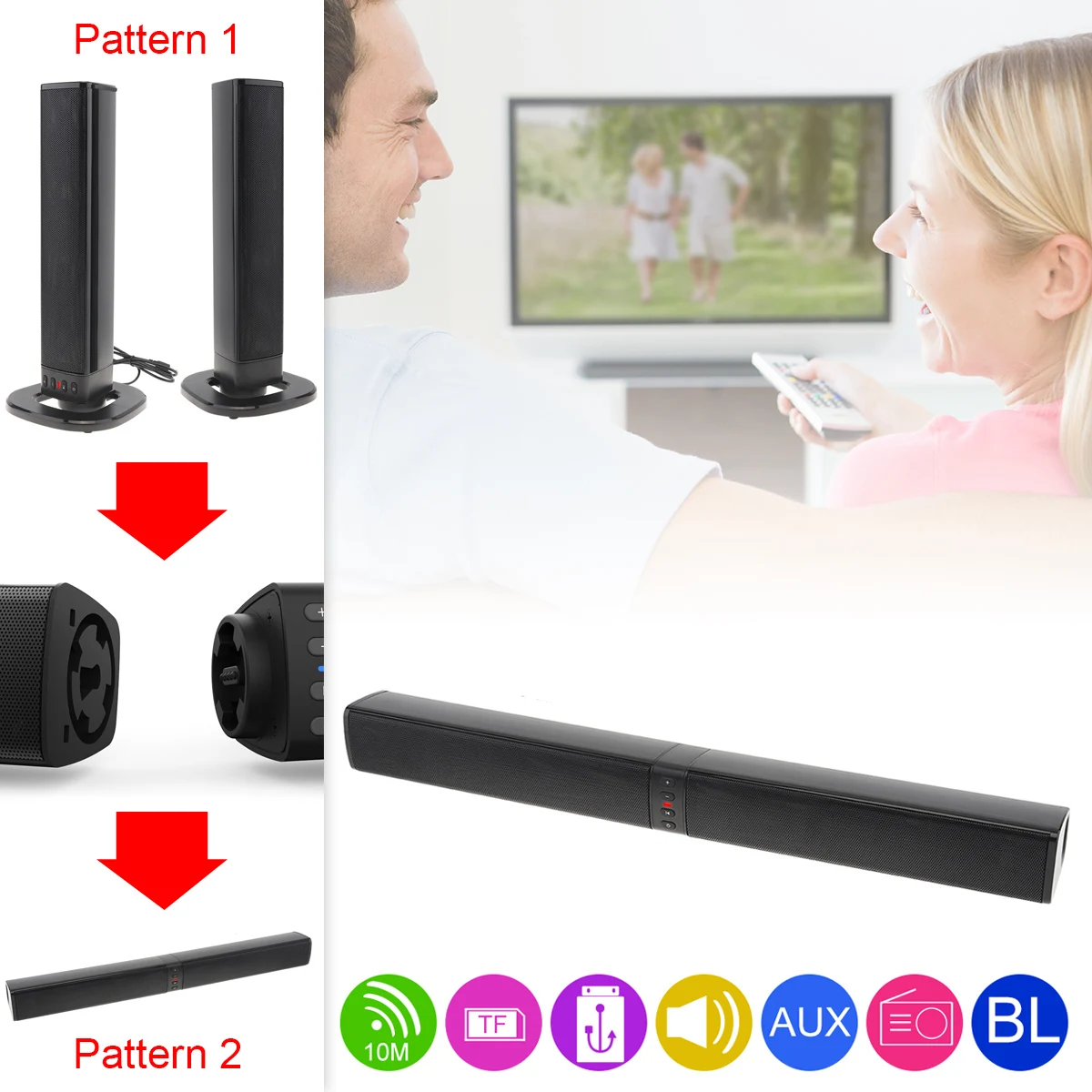 Enlarge BS-36 Home Theater Sensurround Multi-function Bluetooth Soundbar Speaker Support Foldable and Split for TV PC Smartphone