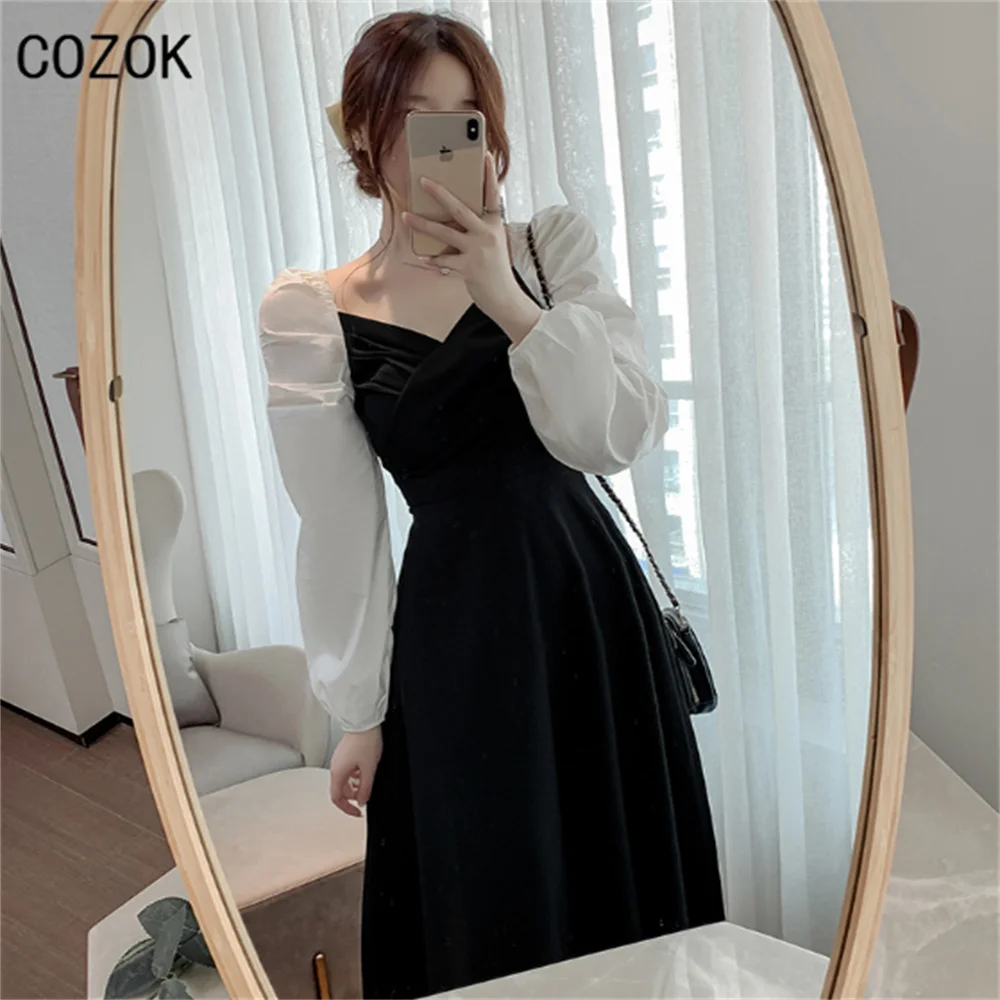 

One-piece Suspender Dress, 2021 Spring Retro Fashion Stitching Long Elegant Dress, Korean Style Black Dress with Puff Sleeves