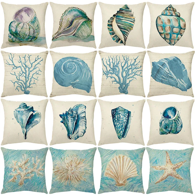 

Summer Marine Style Cushion Cover 45X45cm Coral Conch Shell Decorative Linen Throw Pillow Cover Sea Life Print Home Pillowcases