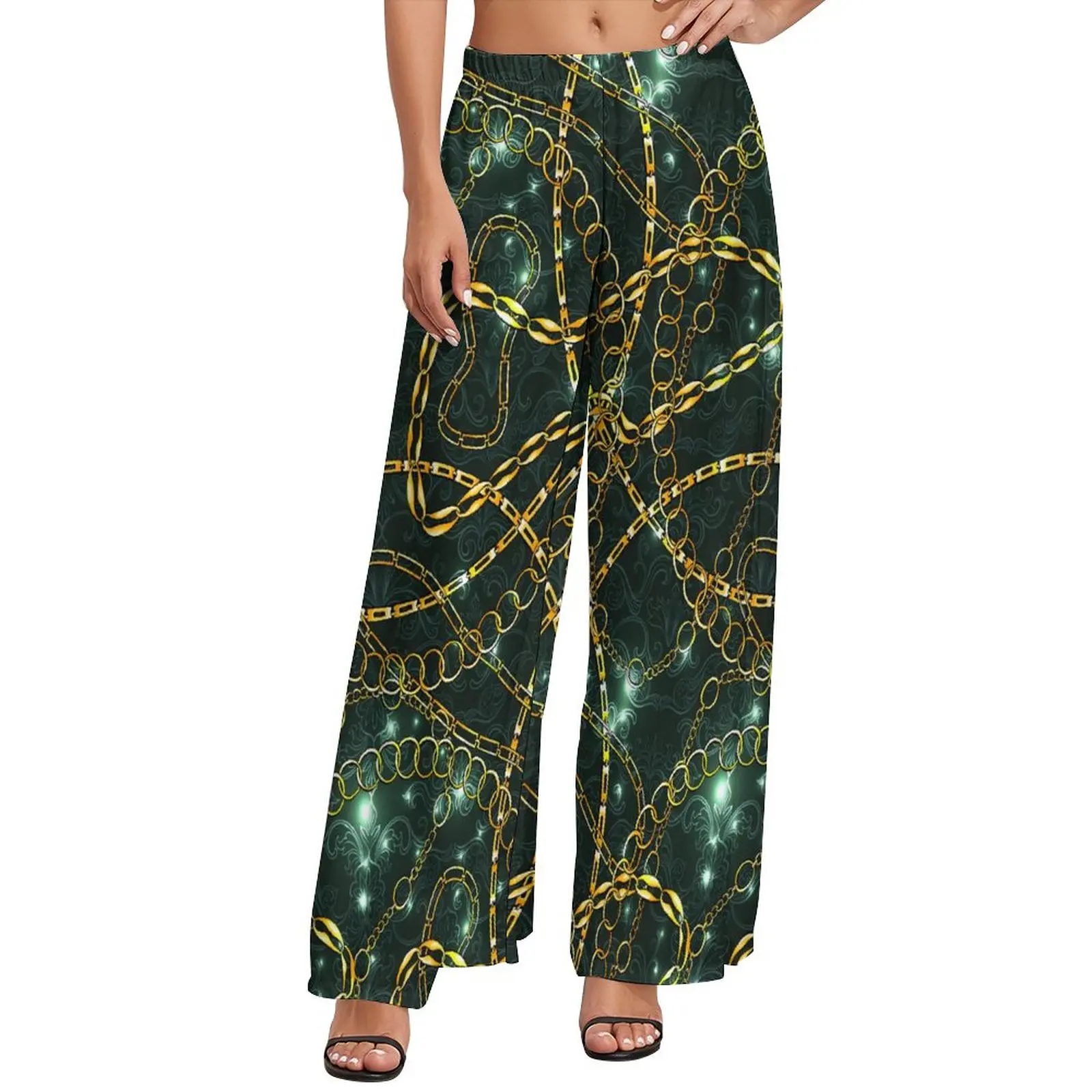 

Chain Print Pants Women Vintage Damask Aesthetic Trousers High Waist Kawaii Wide Leg Pants Gift Idea