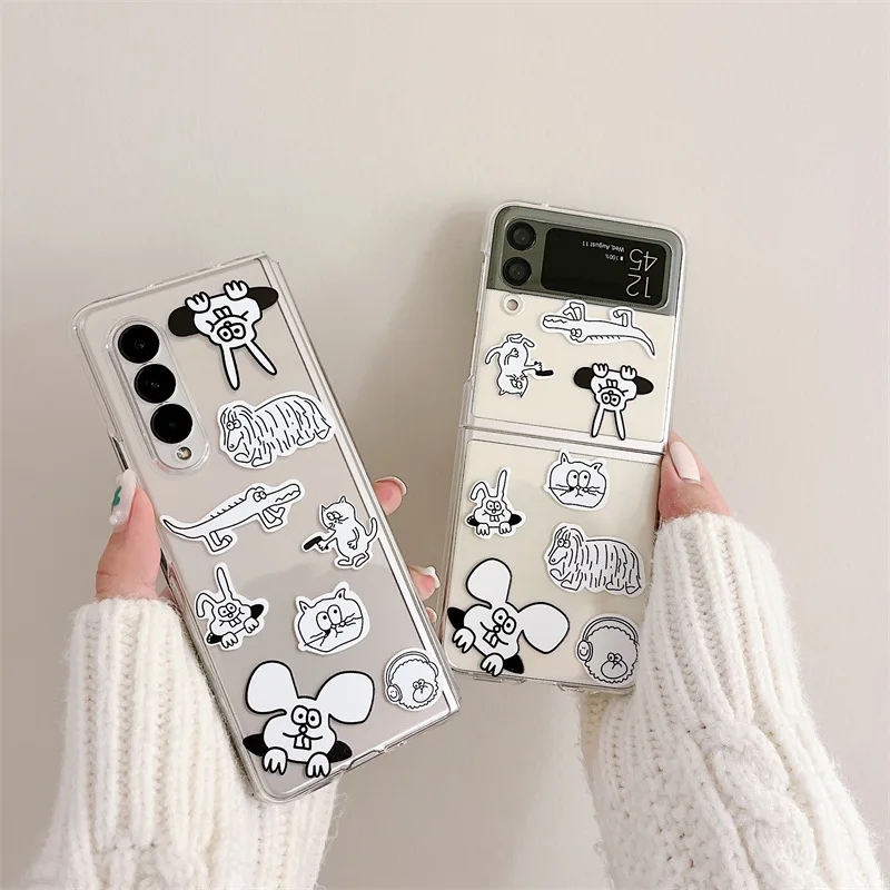 

Cartoon Line Animal Phone Stand Case for Samsung Galaxy Z Flip 3 Z Fold 3 PC Back Cover for ZFlip3 ZFold3 Case Protective Shell