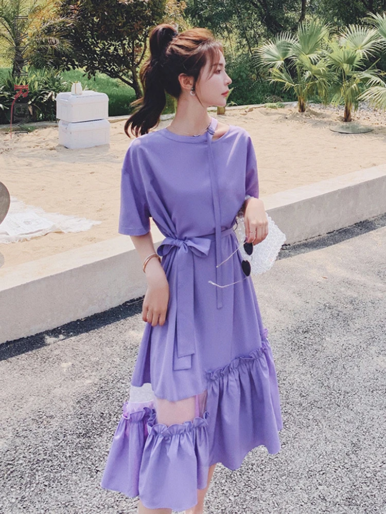 

LANMREM Purple Irregular Mesh Patchwork Dress Womem Hollow Short Sleeve O-neck Belt Slim Fit 2022 Summer Female Clothing 2I693