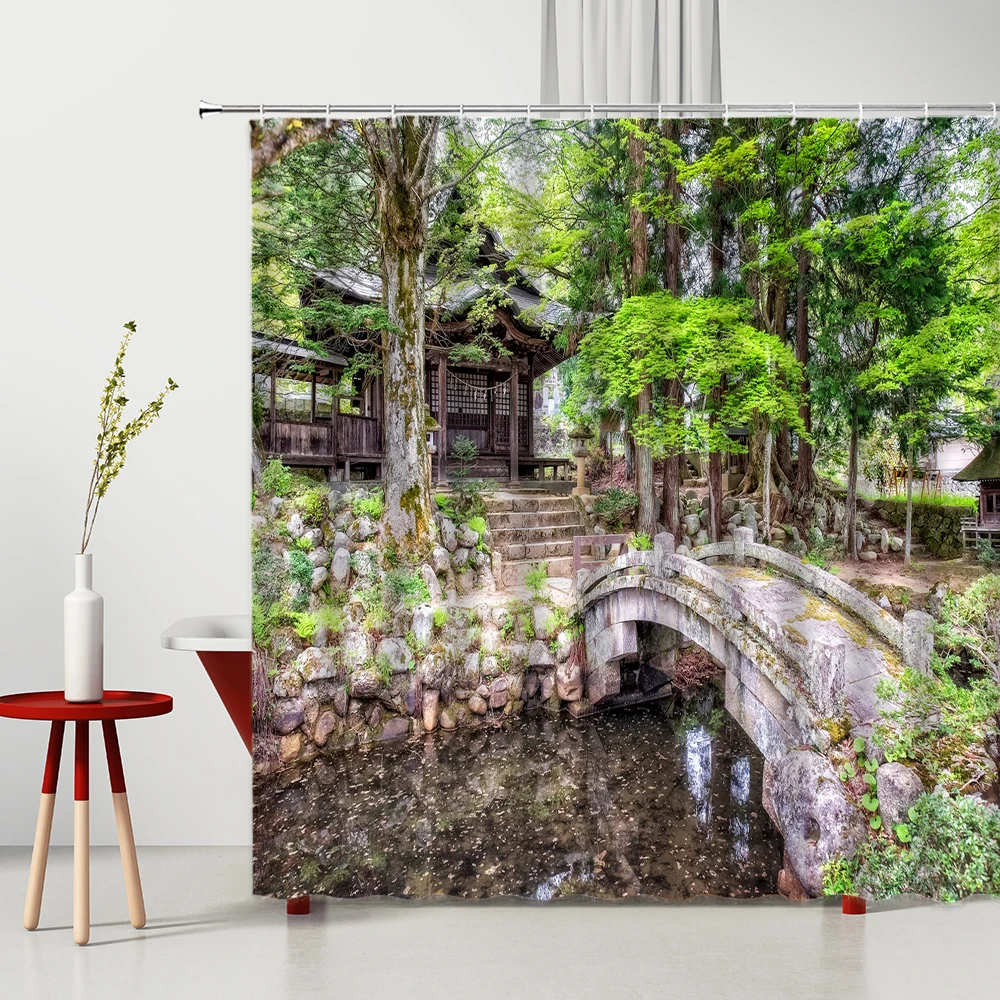 

Arch Bridge Jungle Shower Curtains Spring Tropical Green Plant Garden Natural Scenery Bathroom Decor Bath Screen with Hooks