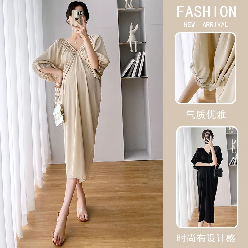 

8229# 2022 Summer Korean Fashion Maternity Long Dress Elegant Bodycon Chic Ins A Line Loose Clothes for Pregnant Women Pregnancy