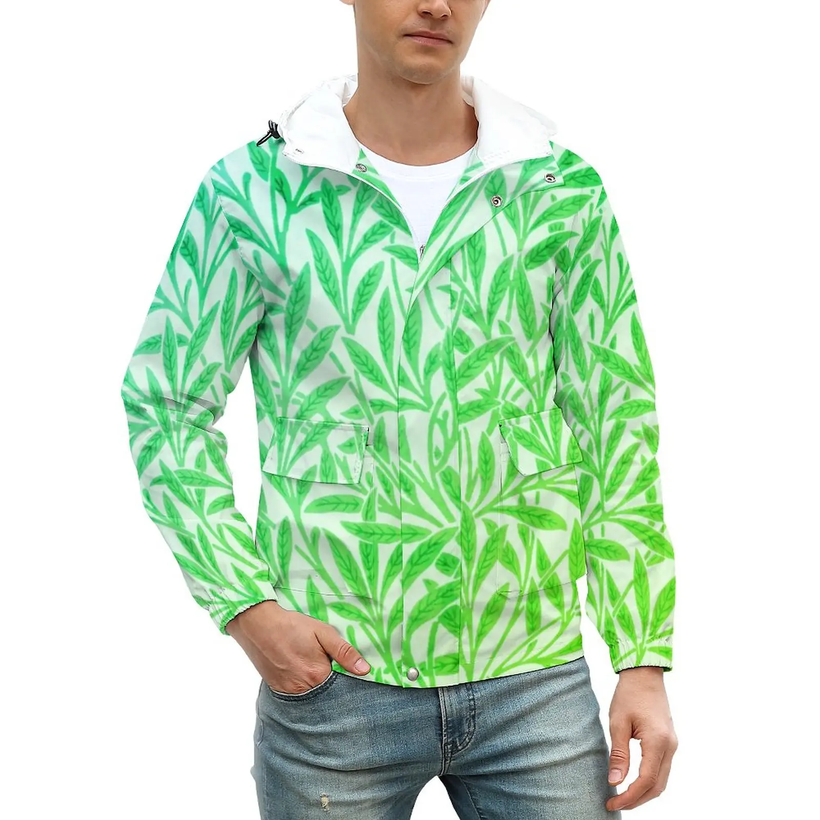 

Куртка мужская с тропическим принтом, винтажная верхняя одежда с зелеными ивовыми листьями, на молнии, повседневная ветрозащитная свободна...