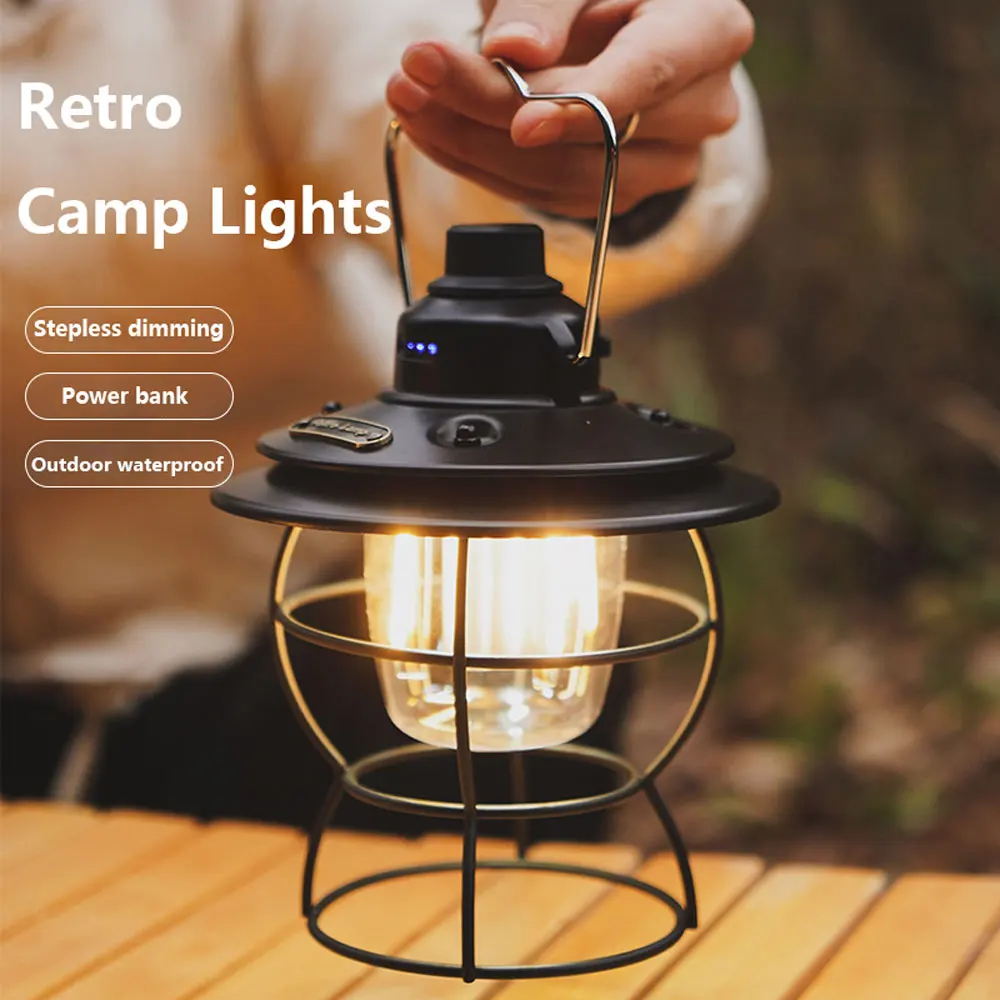 Retro Portable Camping Light Rechargeable Light Hanging Lamp Home 3 Modes Dimmable Torch with USB Lantern Camping Lighting
