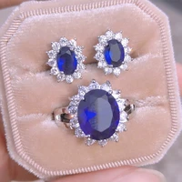 uilz 2pcs pack silver color bride cushion cut cz jewelry set blue zircon engagement ring stud earring for wedding for women gift