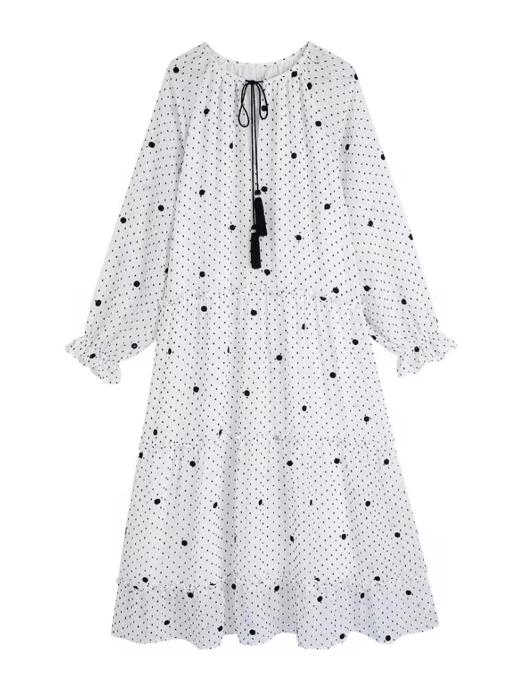 

XEASY Vintage Boho Print Dot Puff Sleeve Women Long Dress 2022 New Spring Fashion Female V Neck Dresses Loose Chic