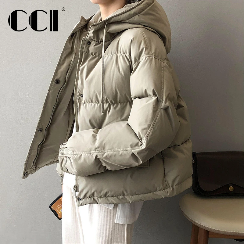 CCI Solid Hooded Collar Short Zipper Women's Winter Thick Warm Jacket Coat Fashion Preppy Style Parka Ladies Chic Outwear YJ023C