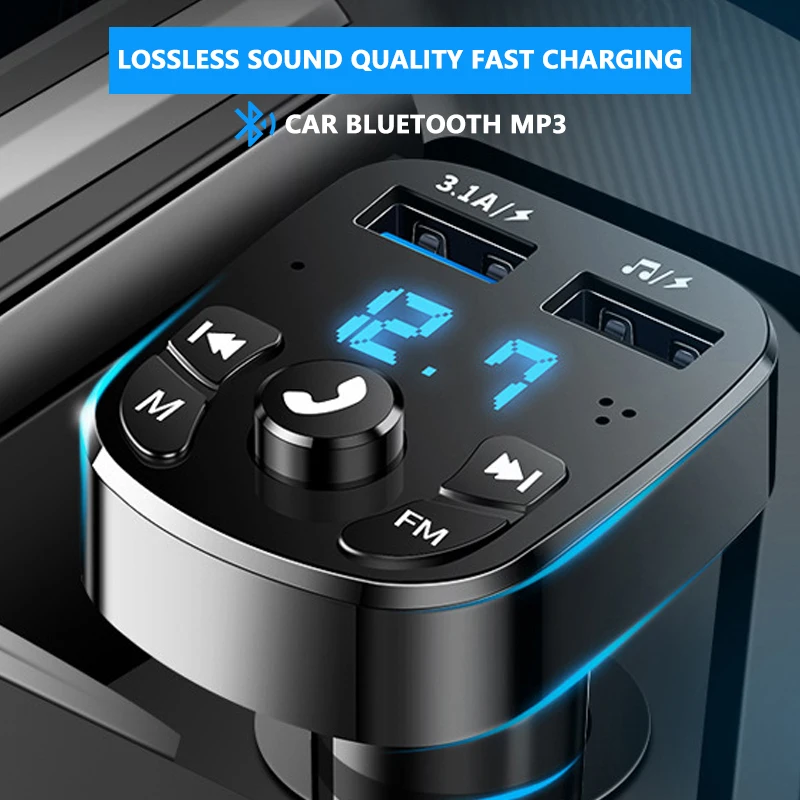 

Car Hands-free Bluetooth-compaitable 5.0 FM Transmitter Handsfree Audio Receiver 2 USB Fast Charger Car Kit MP3 Modulator Player