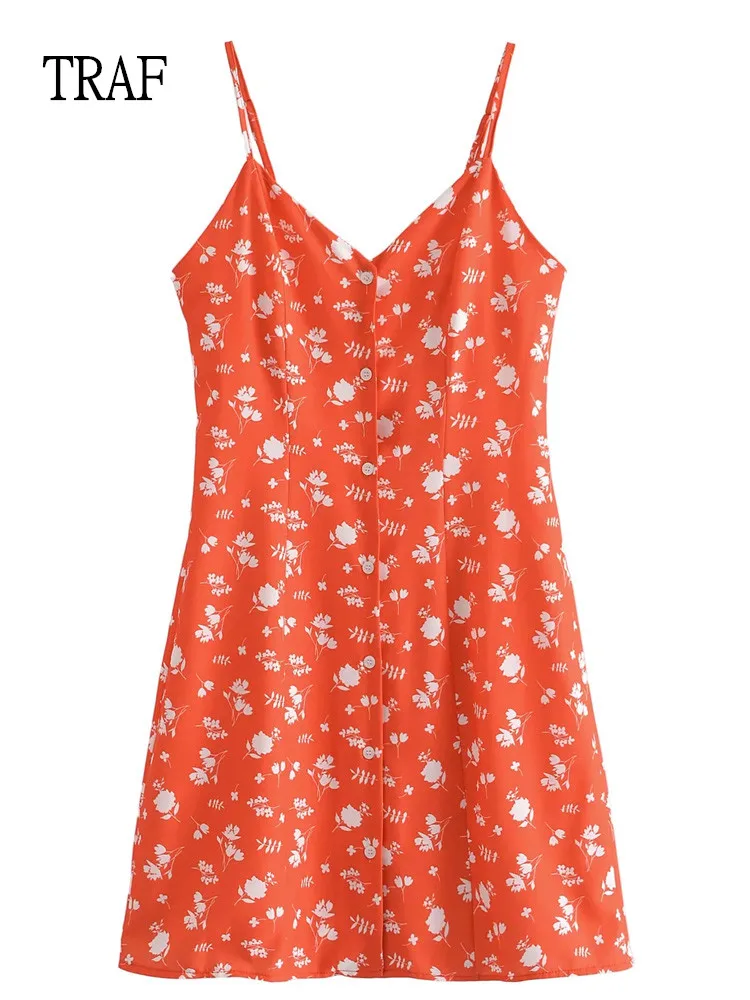 

TRAF Summer Print Short Dress Women 2022 Fashion Single Breasted Off Shoulder Slip Dress Woman Vintage Vestidos Mini Dresses