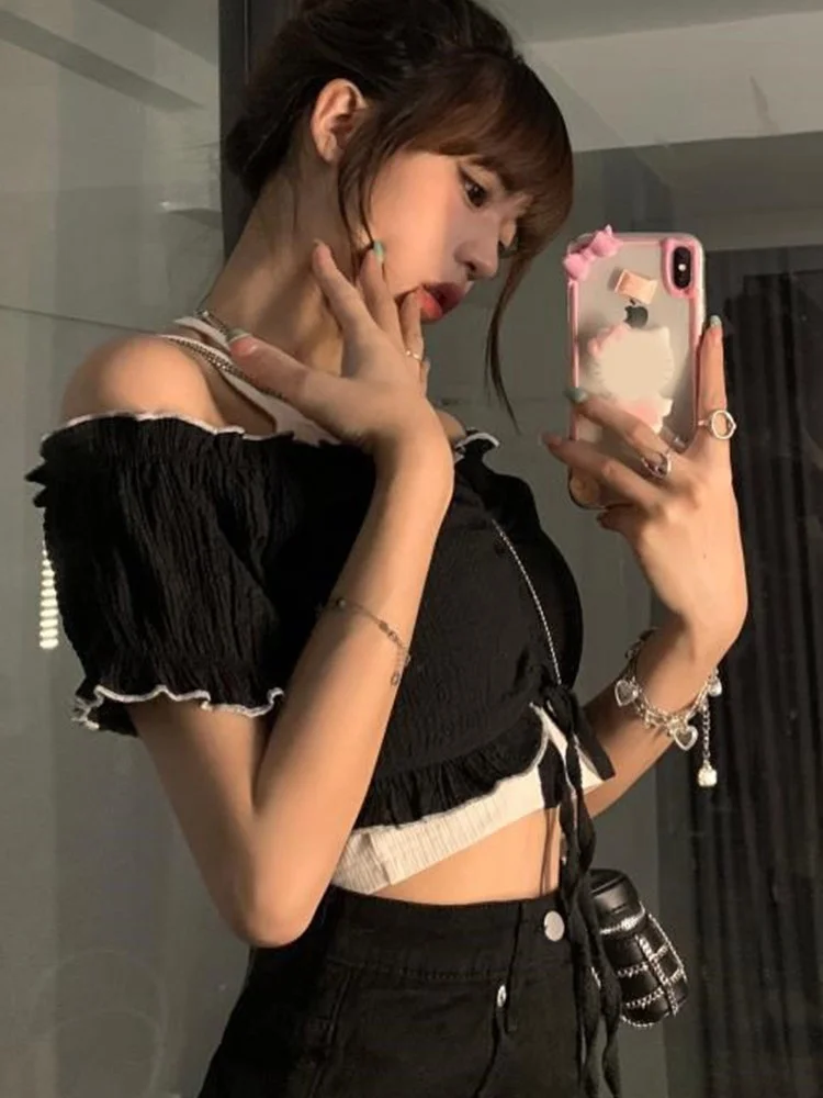 

Y2k винтажная женская футболка гранж-панк, кроп-топы, 2 предмета, топ, Повседневная футболка, уличная одежда, футболки с коротким рукавом, Y494