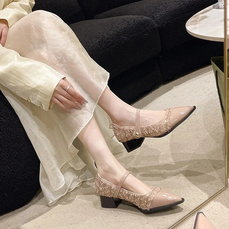 Женские Дизайнерские Туфли Мэри Джейн модные туфли с острым носком на толстом