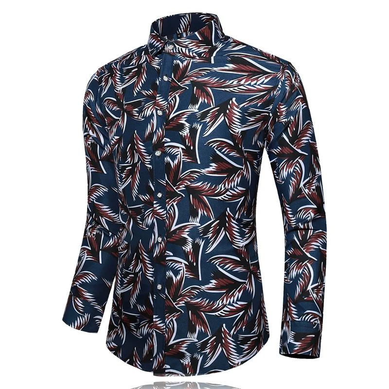 Four Seasons New  Men's  Business Casual Printing Handsome Plus Size Long Sleeve Flower European and American Simple Men's Shirt