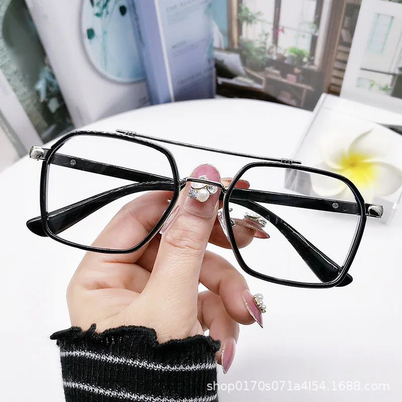 

TR90 Retro Double Beam Transparent with Myopic Glasses Option Plain Glasses Trendy Douyin Style All-Matching Myopia Glasses Fram