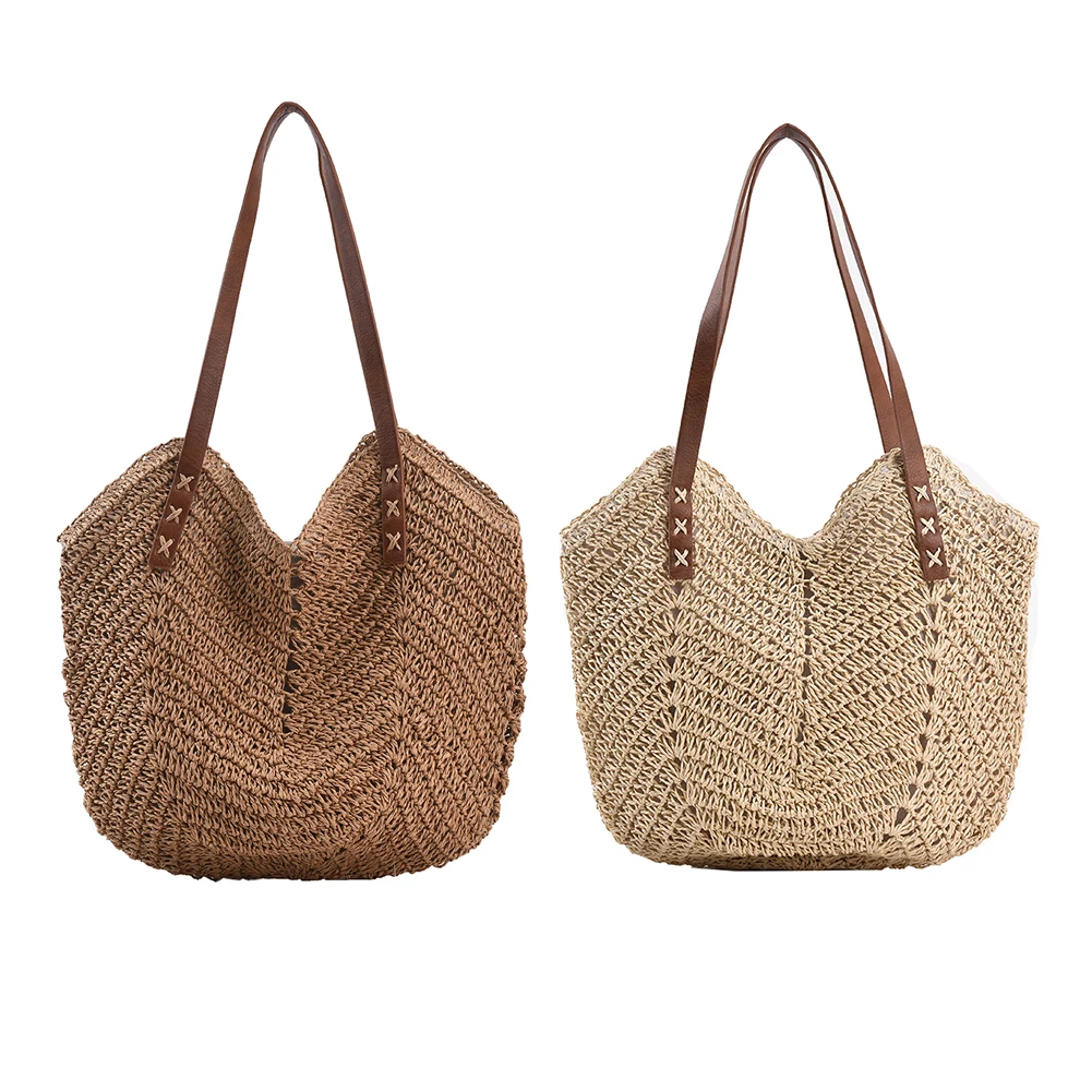 

Vintage Hand Woven Women Hollow Shoulder Shopping Bag Bohemian Summer Travel Straw Beach Tote Bags Large Capacity Handbags