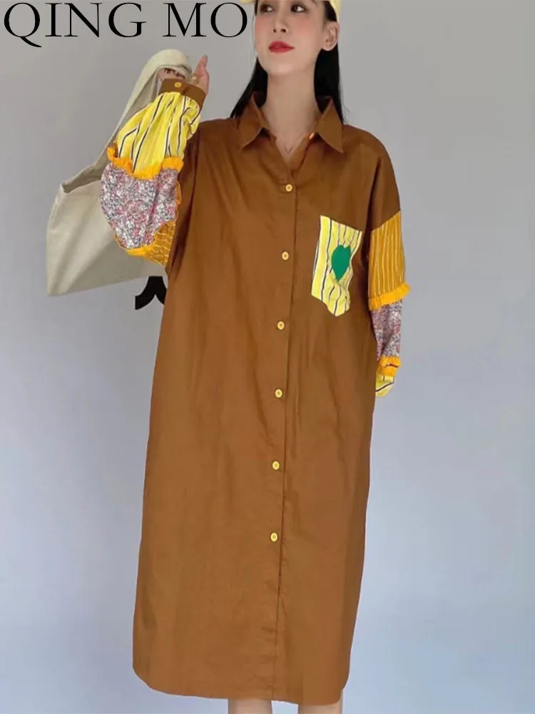 

QING MO Women Floral Long Sleeves Lapel Shirt Loose Mid-length Pocket Splicing Heart-shaped Pattern Shirt 2023 Autumn LHX1462A