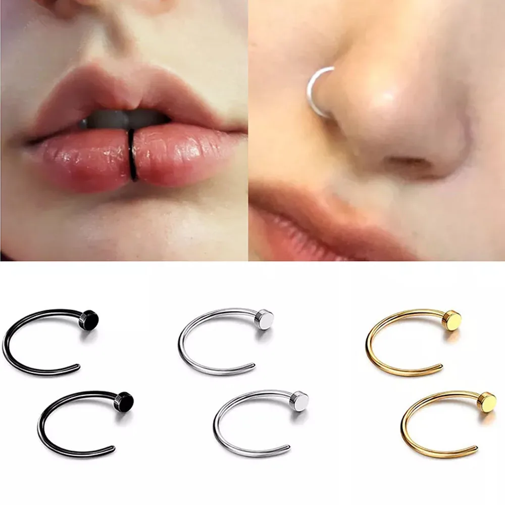 

2 шт., Поддельные кольца для носа, пикантное кольцо для губ, нержавеющая сталь, аксессуары для ноздрей, серьги-гвоздики, ювелирные изделия для пирсинга тела для женщин