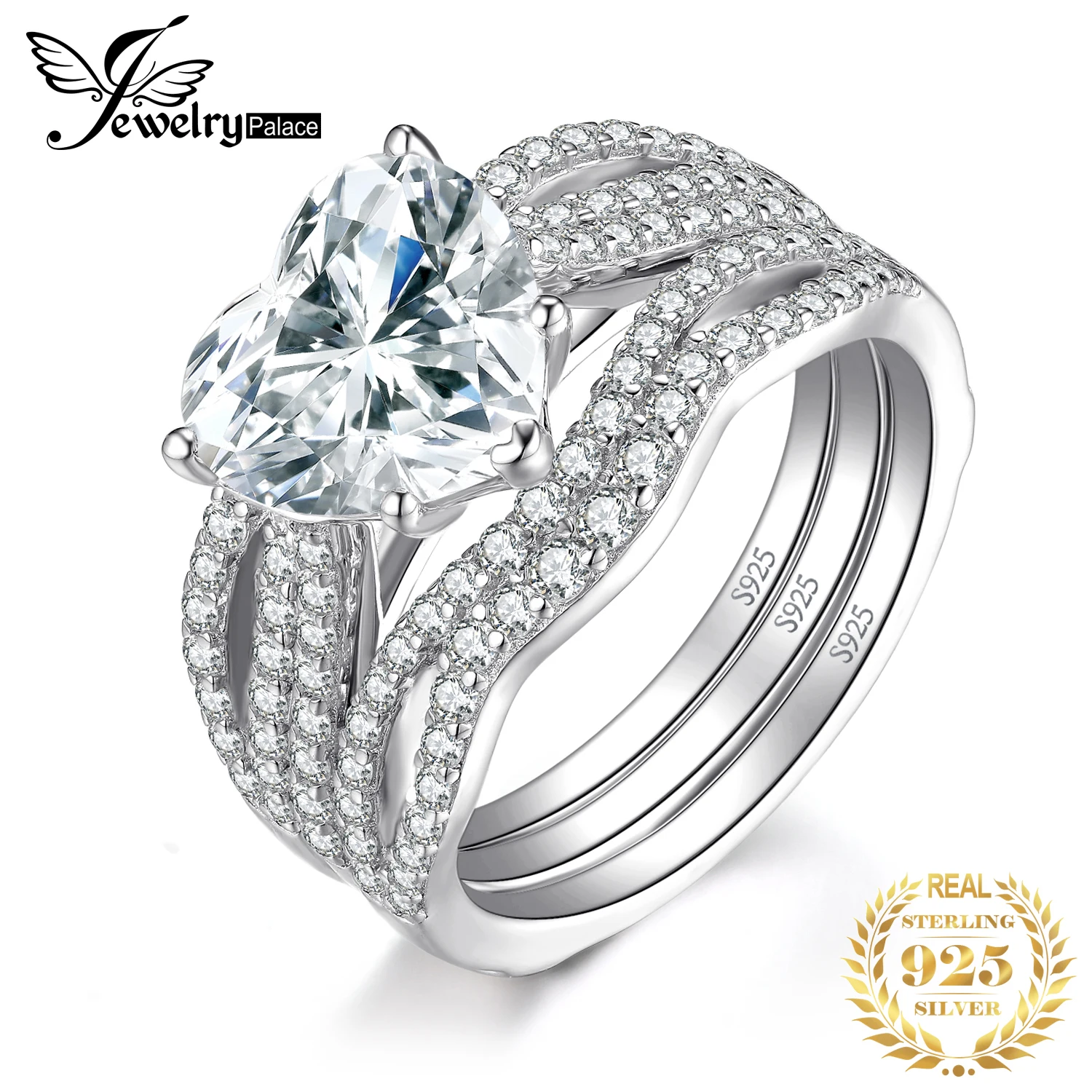 

JewelryPalace Love Heart 3.1ct Cubic Zirconia 925 Sterling Silver Solitaire Engagement Ring for Woman Bridal Sets Wedding Band