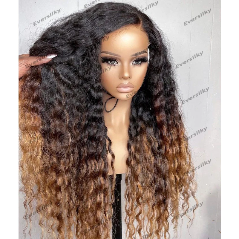 Long Remy Glueless Human Hair Wigs Full Lace Ombre Golden Brown Natural Wave 180Density Black Women Wigs with Natural Hairline