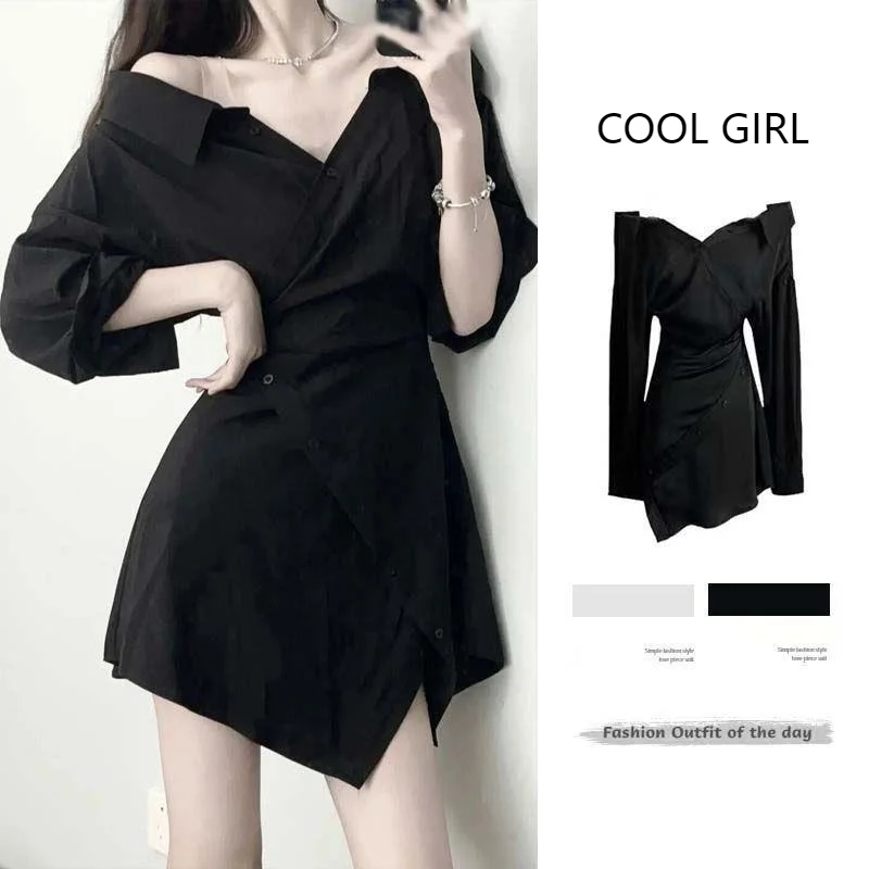 

Женское Короткое платье-рубашка с открытыми плечами, черное облегающее платье с открытыми плечами