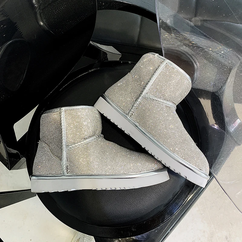 Winter Silver Women's Snow Boots Sequin Lamb Fur Thick Bottom Flat Bottom Rhinestone Women's Snow Boots