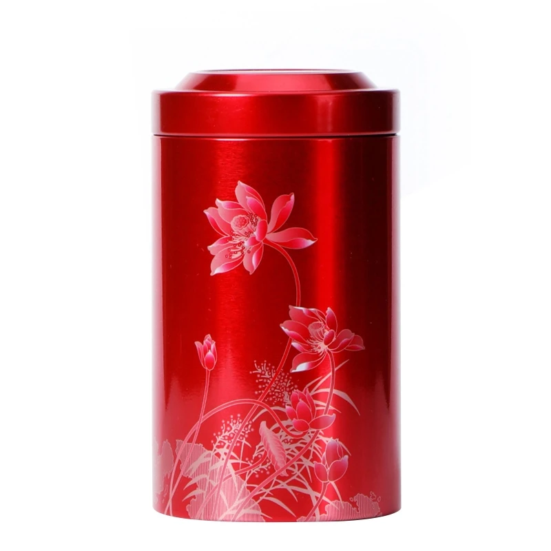 

Tin Storage Box Round Shaped Sealed Jar Can Coffee with Auspicious Lotus Pattern