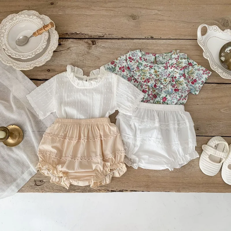 

Cute Newborn Baby Girl Summer Clothes Short Sleeve Flower Shirt Tops Lace Shorts Bloomers Bottom 2PCS Outfits Clothing Set 0-3Y