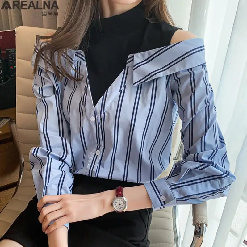 

Осенние сексуальные рубашки с открытыми плечами, женские корейские полосатые комбинированные блузки с длинным рукавом и воротником-хомутом, женские блузки, Женская мода 2023
