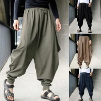 2022 news men wide leg shrinkable cuffs harem pants elastic waist solid color adjustable drawstring casual pants streetwear