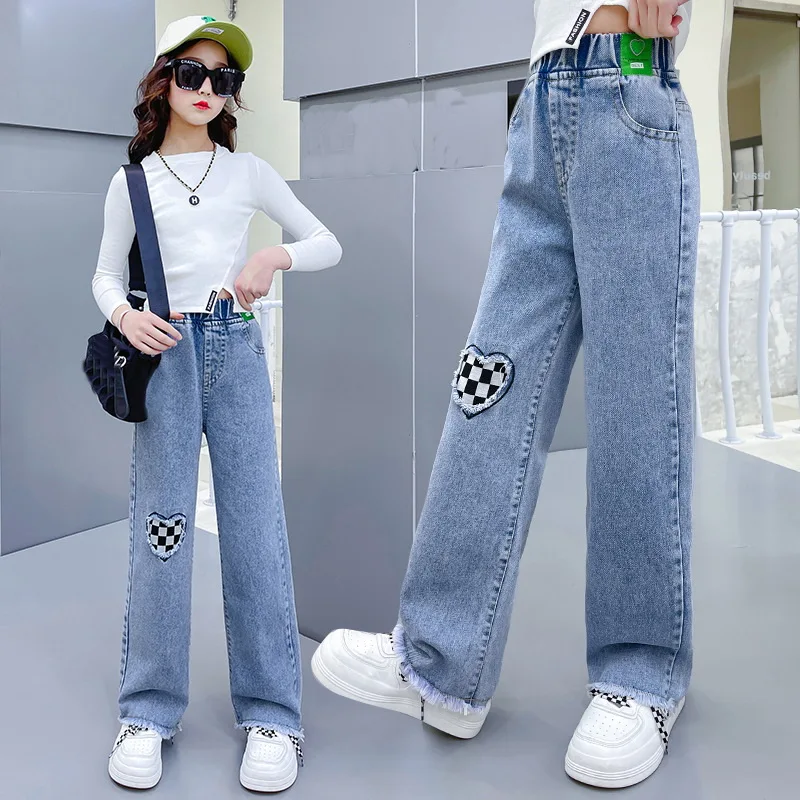 

2022 повседневные стильные джинсы для девочек, одежда для подростков, эластичные джинсовые брюки с высокой талией и широкими штанинами, весенние прямые брюки для больших детей