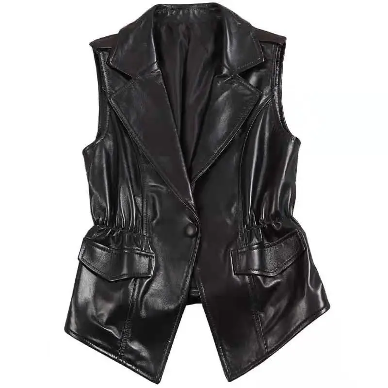 

Woman New Fashion Waistcoat Spring Female Black Faux Leather Vest V Neck Femme Casual Black Leather Jacket Coat Waistcoat G280