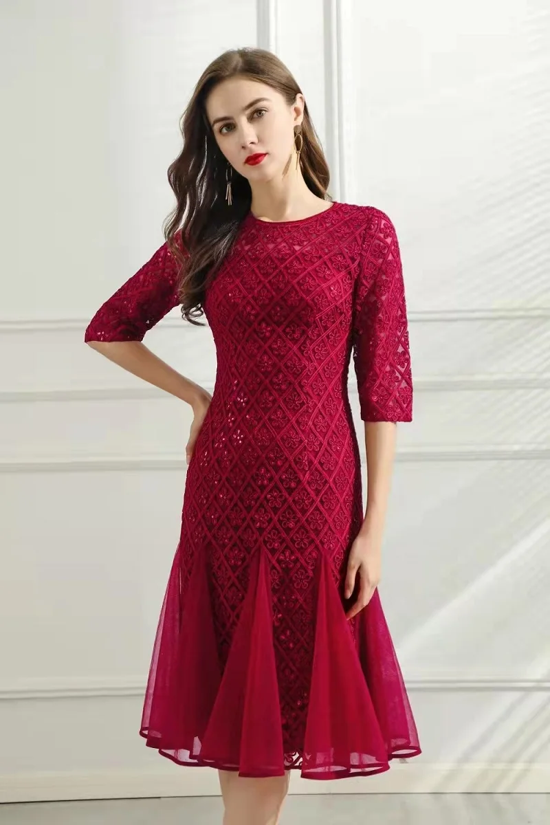

4xl Dress Vestidos De Fiesta 2022 Autumn Party Cocktail Women Appliques Embroidery Sexy Tulle Mesh Deco Midi Coffee Red Dress