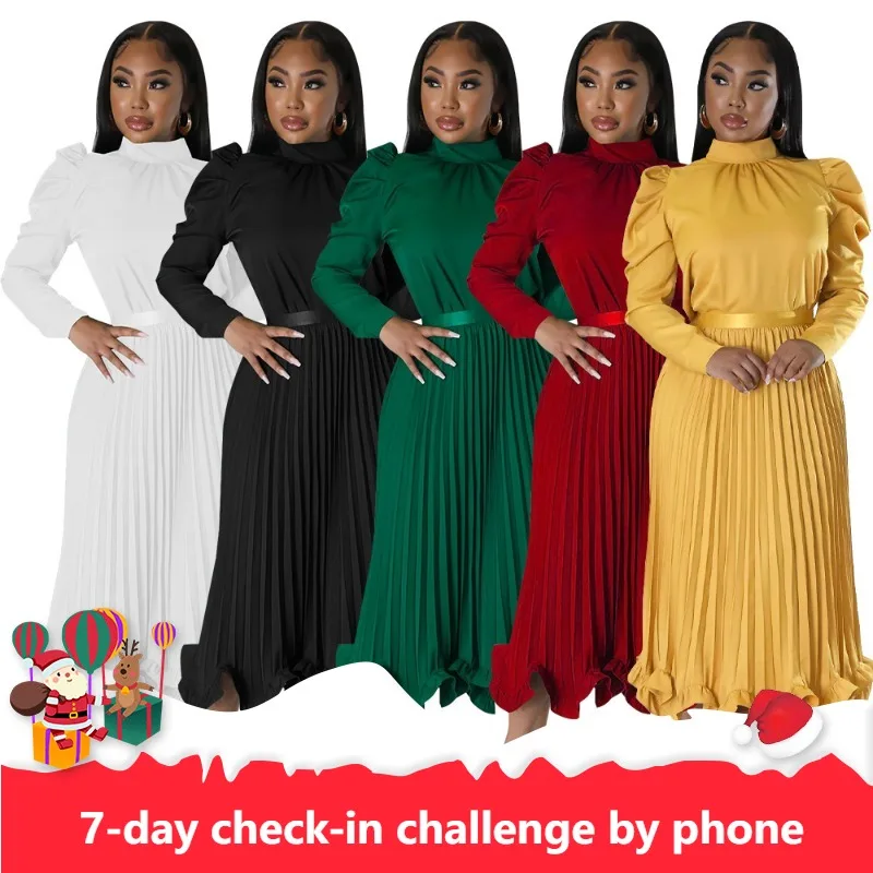 

High Neck Robe Two Piece Set Fashion Plus Size Pleated Evening Party Dress Women's Set Autumn New Solid Bubble Sleeve Top Ruffle