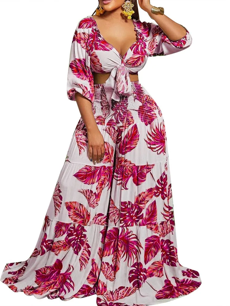 

Women Two Piece Set 3/4 Sleeve Lace Up V Neck Crop Tops Outfits 2022 Fashion Print Splice Sexy Elegant Wide Leg Pant Sets Suits