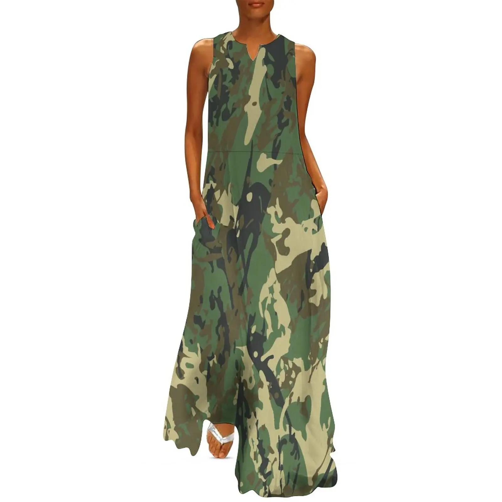 

Cool Military Camo Dress Camouflage Pattern Elegant Maxi Dress V Neck Pattern Boho Beach Long Dresses Aesthetic Oversize Vestido
