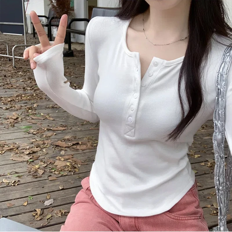 Однотонная Повседневная футболка на пуговицах с круглым вырезом и длинным