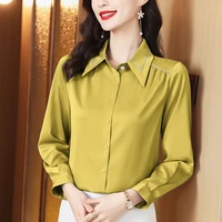 womens shirt silk blouses for women long sleeve open stitch shirt solid polo neck button blouse 2022 woman back to basic shirts
