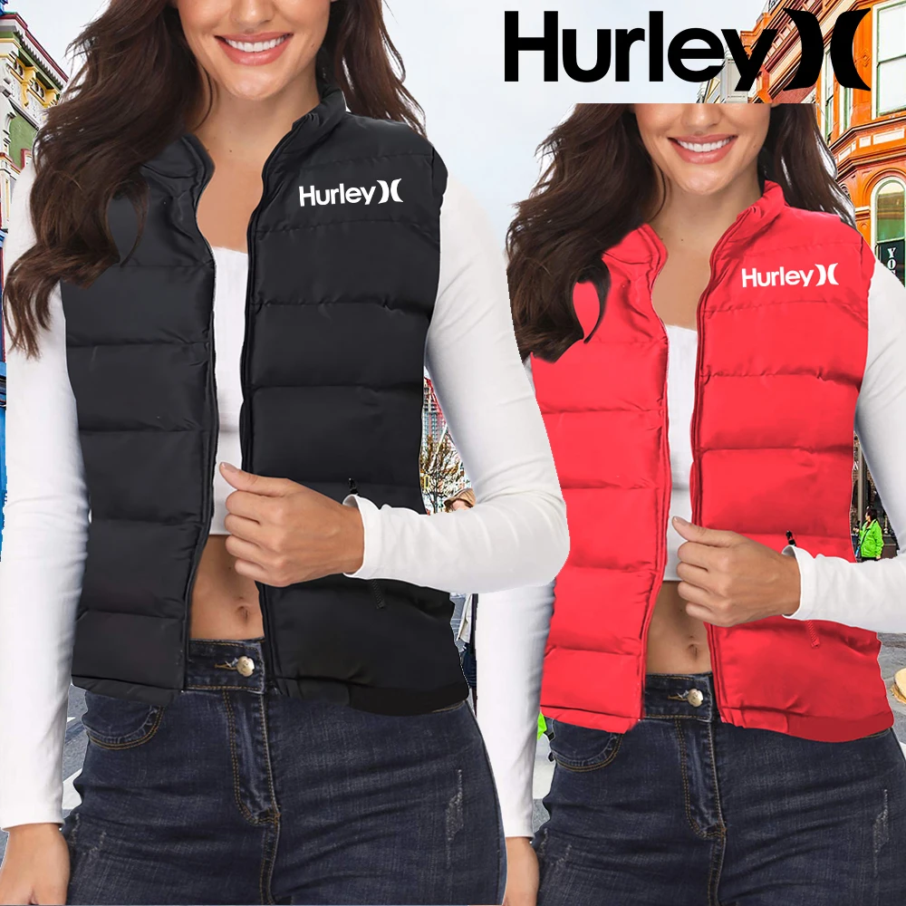 

Новинка, Женский плотный жилет на молнии, зимний однотонный пуховой жилет, Женский Свободный жилет с воротником-стойкой и принтом Hurley, куртк...