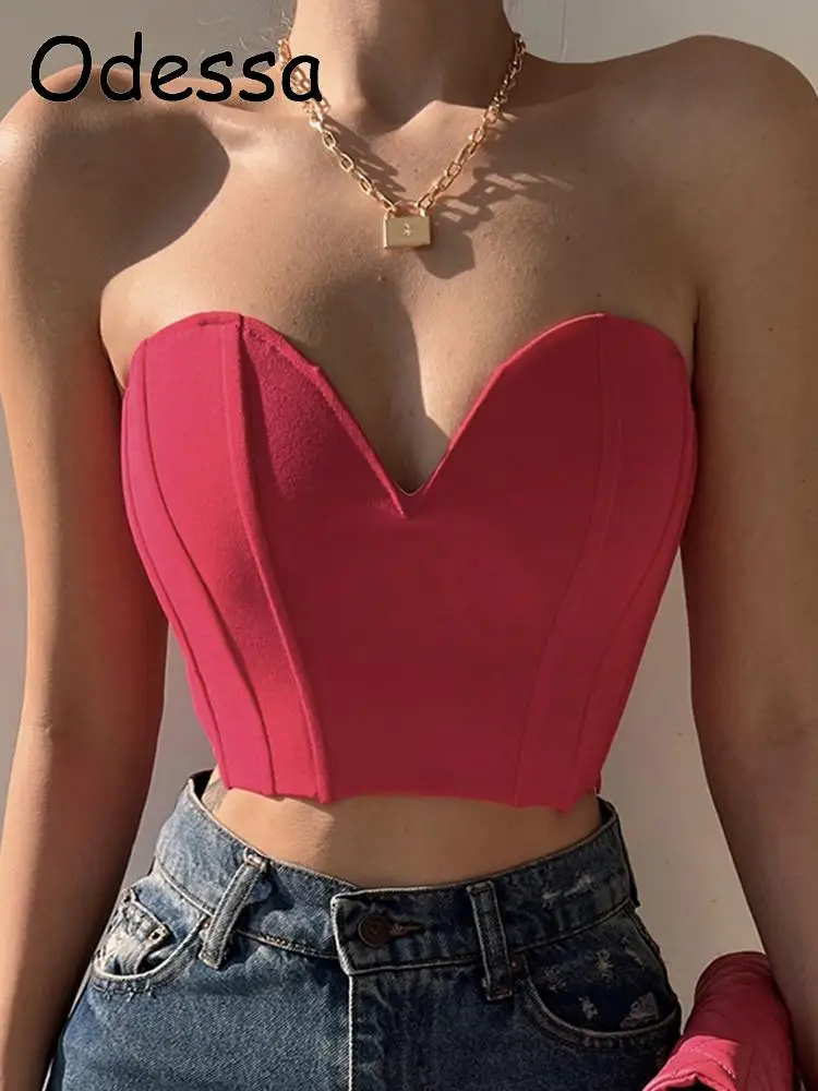 

Odessa Satin Strapless Corset Women Sexy V Neck Off Shoulder Backless Bustier Tube Crop Tops Summer Wrap Party Y2K Tank Top 2022