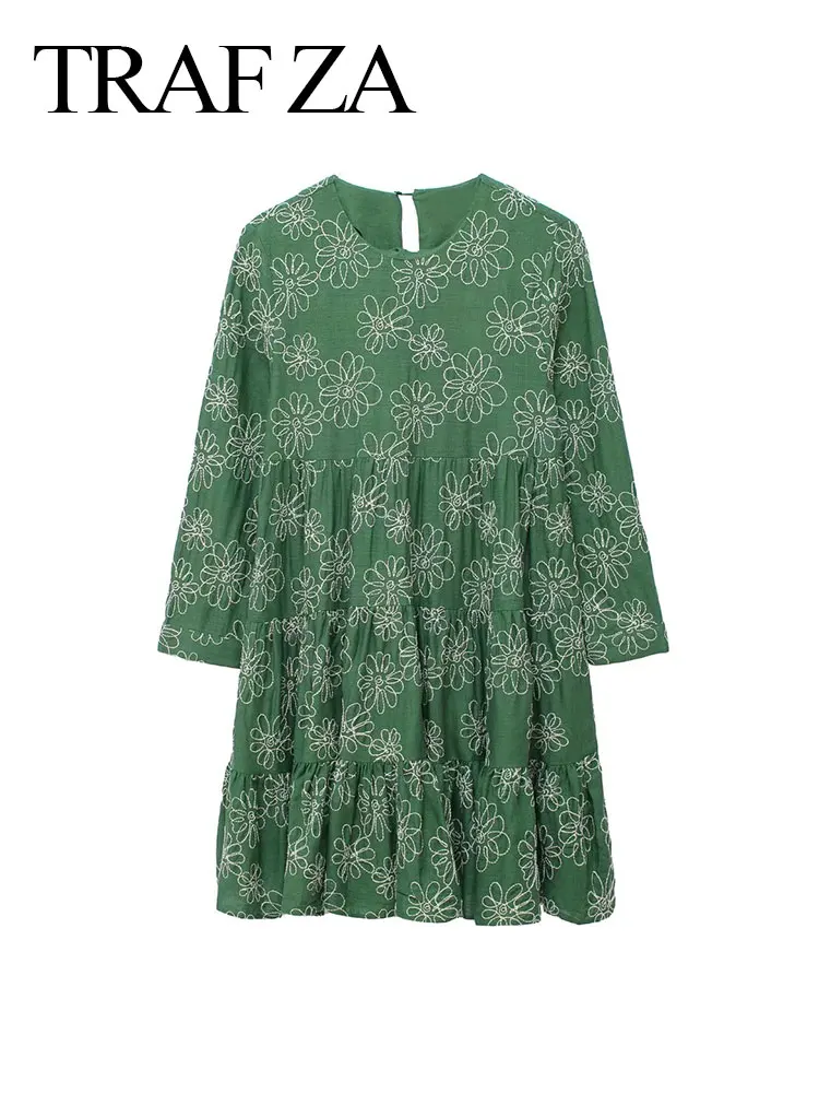 

TRAF ZA Spring/Summer Women's Three-quarter Sleeve Dress Retro Flower Print Loose Short Skirt Large Size Ladies Street Casual
