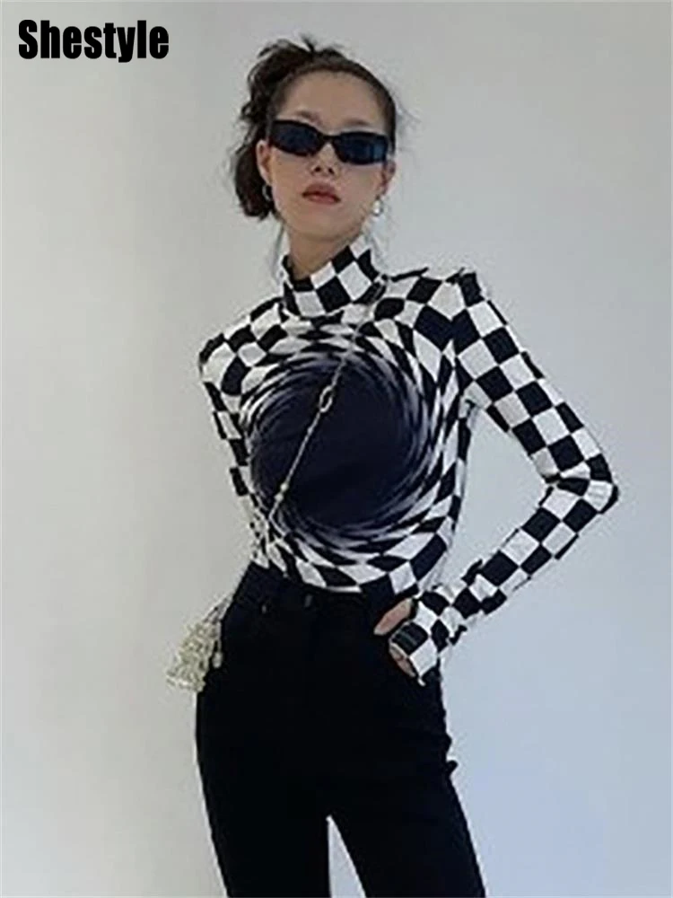 Женская клетчатая водолазка Shestyle базовая футболка в шахматную клетку с высоким