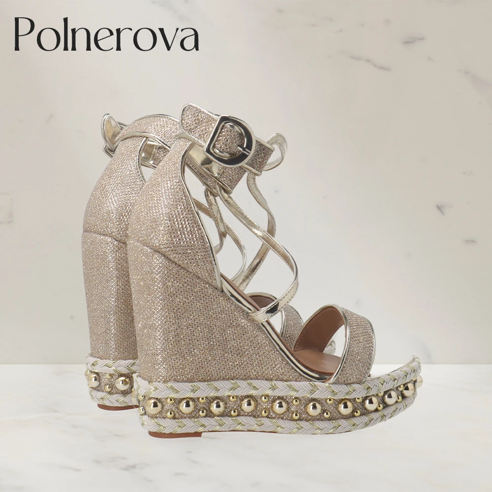 Metallic Bead Platform Sandals Cross Strap Wedge Sandals Round Toe Summer Shoes Fashion Sequin Designer Style Shoes Custom Color