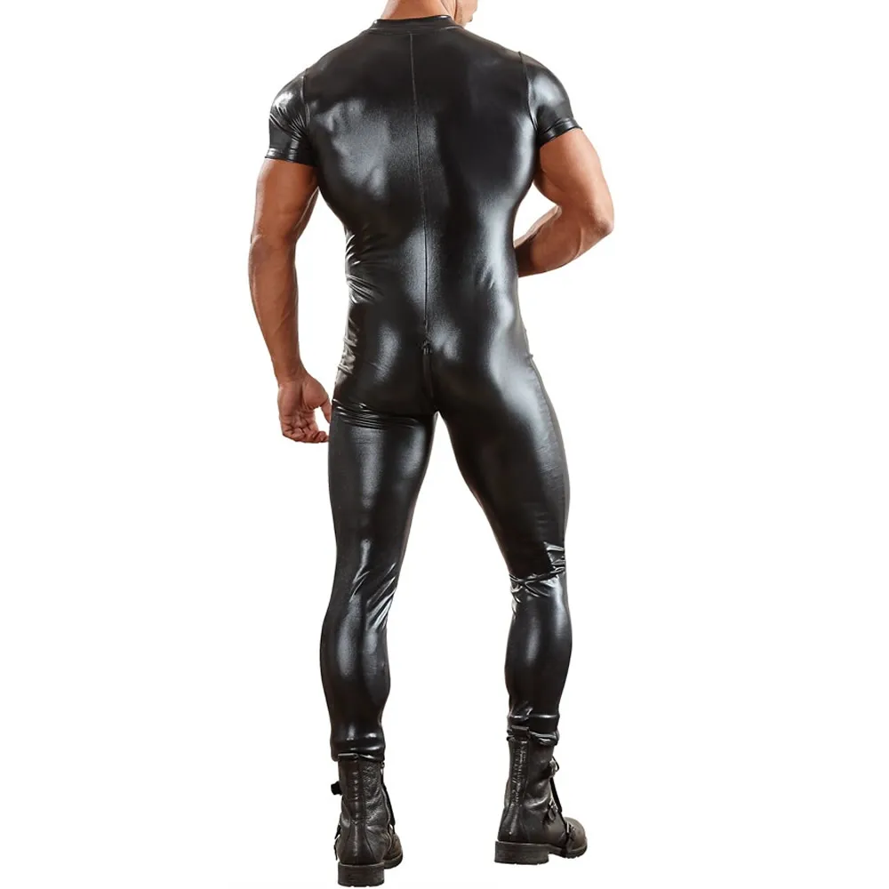 YUFEIDA Sexy Men Catsuit Faux Leather Long Zipper Skinny Bodysuit NightClub Wear Jumpsuit Lingerie Male Stage Pole Dance Costume