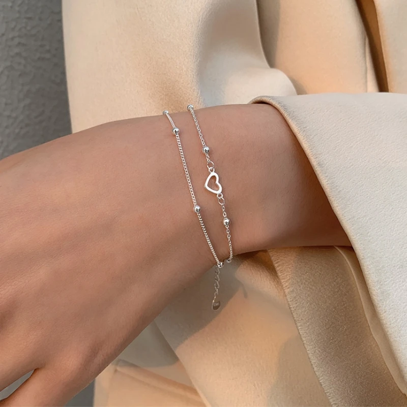 

2 Pieces/Set Silver Double Layer Love Charm Bracelet Fashion Ladies Elegant Charm Bracelet Casual Birthday Party Jewelry Gift